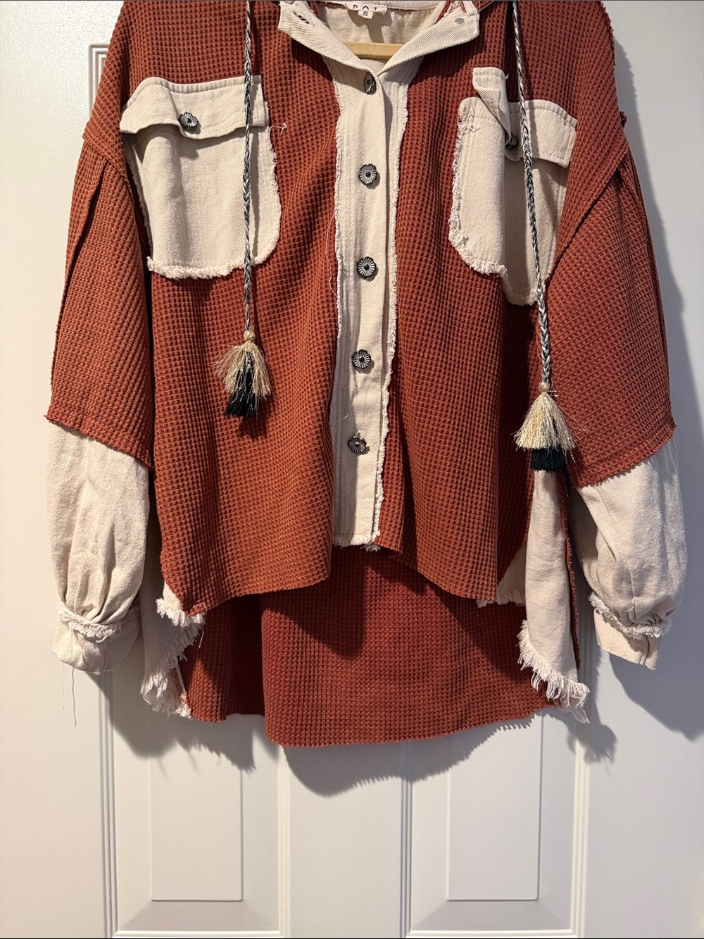 POL Waffle-Knit Hood Shacket Long Back Tassel Tie Oversized Fray Edges Slouchy S - Picture 4 of 14